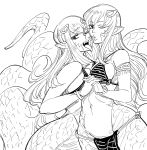  2girls bb_(baalbuddy) bead_bracelet beads bikini bracelet breasts commentary greyscale hair_ornament highres holding_hands interlocked_fingers jewelry lamia large_breasts long_hair looking_at_viewer miia&#039;s_mother miia_(monster_musume) monochrome monster_girl monster_musume_no_iru_nichijou multiple_girls navel parted_lips pointy_ears simple_background smile swimsuit tongue tongue_out very_long_hair white_background 