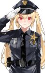  1girl absurdres alternate_costume aogisa blonde_hair girls_frontline gloves hat highres holster long_hair m870_(girls_frontline) necktie police police_badge police_hat police_uniform policewoman radio red_eyes salute solo twintails uniform white_background 