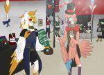  ambiguous_gender anthro apron avian bodypaint bow_decoration clothing english_text eyes_closed group hair hand_holding hat headgear headwear holding_object horizontal_text looking_at_another male necktie nevrean paint pink_body ponytail sergal shizameakanzatsu shopping_street smile text top_hat vilous wanted_poster 