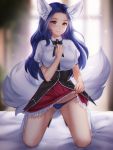  1girl animal_ear_fluff animal_ears bed blue_hair blue_panties blurry blurry_background blush bow bowtie breasts buttons cosplay eyebrows eyelashes gigamessy high_school_dxd large_breasts long_hair looking_at_viewer original panties parted_hair red_skirt rias_gremory school_uniform shirt short_sleeves sidelocks skirt skirt_lift smile socks solo thighs underbust underwear white_shirt 
