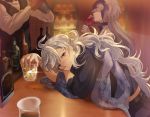  alcohol alternate_costume black_shirt blush boba camelot_&amp;_co drunk fate/grand_order fate_(series) long_hair looking_at_viewer male_focus merlin_(fate) purple_eyes scarf shirt smile solo white_hair 