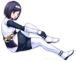  1girl abe_tsukumo black_hair bodysuit breasts dress gloves hairband highres igasaki_fuuka looking_at_viewer open_mouth pantyhose short_hair shuriken_sentai_ninninger simple_background skirt solo super_sentai white_background 