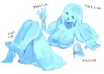  1girl :d blue_eyes blue_skin breasts collarbone commentary_request disembodied_limb hand_up heterochromia lansane large_breasts looking_at_viewer monster_girl open_mouth original purple_eyes severed_arm severed_limb slime_girl smile solo translation_request 