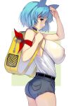  1girl animal_ears ass backpack bag bangs bare_shoulders blue_eyes blue_hair breasts commentary_request denim denim_shorts highres holding_strap huge_breasts masao nipples original revision see-through short_hair short_shorts shorts simple_background solo white_background 