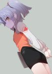  1girl ass black_skirt closed_mouth copyright_request dutch_angle from_side grey_background grey_hair highres hoshino_ruri kidou_senkan_nadesico long_sleeves looking_at_viewer looking_to_the_side medium_hair orange_eyes orange_vest pencil_skirt shirt simple_background skirt solo stretch sumiyao_(amam) twintails white_shirt 