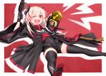  1girl ;d assault_rifle black_footwear black_gloves black_jacket black_jumpsuit black_legwear boots commentary_request dinergate_(girls_frontline) feet_out_of_frame girls_frontline gloves gun haradaiko_(arata_himeko) highres holding holding_gun holding_weapon horns jacket light_brown_hair lightning_bolt long_hair long_sleeves m4_carbine m4_sopmod_ii m4_sopmod_ii_(girls_frontline) multicolored_hair object_namesake one_eye_closed open_clothes open_jacket open_mouth red_background red_eyes red_hair rifle round_teeth shoe_soles short_jumpsuit smile streaked_hair teeth thigh_boots thighhighs two-tone_background upper_teeth weapon white_background wide_sleeves 