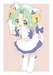  :d absurdres ahoge animal_ears apron bangs bell border bow cat_ears cat_tail character_name commentary dejiko di_gi_charat donguri_suzume dress eyebrows_visible_through_hair full_body gloves green_eyes green_hair hair_bell hair_ornament highres jingle_bell looking_at_viewer maid_apron open_mouth parted_bangs paw_boots paw_gloves paws puffy_short_sleeves puffy_sleeves purple_bow purple_dress short_hair short_sleeves smile tail tail_bow white_apron white_border white_gloves 
