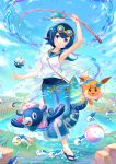  1girl aqua_swimsuit arm_up armpits blue_eyes blue_footwear blue_hair blue_pants blue_sailor_collar bubble cloud commentary_request day dive_ball eevee feet fishing_rod flip-flops gen_1_pokemon gen_3_pokemon gen_7_pokemon goggles goggles_on_head grass head_tilt holding holding_fishing_rod kutsunohito kyogre legendary_pokemon looking_at_viewer outdoors pants pokemon pokemon_(anime) pokemon_(creature) pokemon_sm_(anime) popplio rock sailor_collar sandals school_swimsuit shirt short_hair sky smile standing standing_on_one_leg suiren_(pokemon) swimsuit swimsuit_under_clothes toes water white_shirt wishiwashi wishiwashi_(school) 