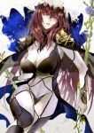  1girl alternate_color bodysuit breasts fate/grand_order fate_(series) flower gae_bolg holding holding_weapon large_breasts long_hair parted_lips pauldrons plant polearm purple_hair pvc_parfait red_eyes rose scathach_(fate)_(all) scathach_(fate/grand_order) smile solo spear veil vines weapon 
