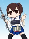  1girl apron black_legwear blue_background blue_hakama brown_eyes brown_hair commentary_request cowboy_shot fishing_line fishing_rod gradient gradient_background hakama hakama_skirt highres holding holding_fishing_rod japanese_clothes kaga_(kantai_collection) kantai_collection long_hair looking_at_viewer muneate no_mouth side_ponytail solo standing tasuki thighhighs yakuto007 