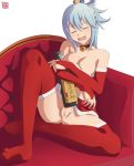  1girl absurdres aqua_(konosuba) artist_name bare_shoulders bell bell_collar black_collar blue_hair bottle breasts censored cleavage closed_eyes collar commentary drunk elbow_gloves english_commentary eyebrows_visible_through_hair gloves hair_bobbles hair_ornament highres keihh kono_subarashii_sekai_ni_shukufuku_wo! long_hair mosaic_censoring open_mouth pussy red_gloves red_legwear santa_costume solo spread_legs thighhighs tongue watermark wine_bottle 