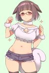  1girl :o animal_ears bangs black_hair black_shorts blunt_bangs bob_cut brown_hair character_request clenched_hands collarbone copyright_request cowboy_shot crop_top deyuuku frilled_shirt frilled_shorts frilled_sleeves frills fur_choker fur_cuffs green_background groin hands_up looking_at_viewer midriff navel neck_bell red-framed_eyewear red_eyes semi-rimless_eyewear shirt short_hair short_shorts short_sleeves shorts simple_background solo sparkle tail thighhighs under-rim_eyewear white_shirt wrist_cuffs 