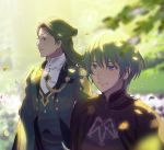  2boys absurdres asao_(vc) blue_eyes blue_hair blurry_foreground byleth_(fire_emblem) byleth_(fire_emblem)_(male) closed_mouth fire_emblem fire_emblem:_three_houses green_eyes green_hair hair_bun highres linhardt_von_hevring long_hair male_focus multiple_boys outdoors petals smile standing upper_body 