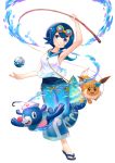  1girl aqua_swimsuit arm_up armpits blue_eyes blue_footwear blue_hair blue_pants blue_sailor_collar commentary_request dive_ball eevee feet fishing_rod flip-flops gen_1_pokemon gen_7_pokemon goggles goggles_on_head head_tilt holding holding_fishing_rod kutsunohito looking_at_viewer pants pokemon pokemon_(anime) pokemon_(creature) pokemon_sm_(anime) popplio sailor_collar sandals school_swimsuit shirt short_hair simple_background smile standing standing_on_one_leg suiren_(pokemon) swimsuit swimsuit_under_clothes toes water white_background white_shirt 