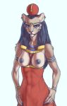  5_fingers abs angry_eyes anthro areola black_areola black_hair black_nipples bracelet breasts clothed clothing crown deity dress ear_piercing ear_ring egyptian egyptian_clothing egyptian_headdress egyptian_mythology exposed_breasts felid female fingers fur hair hands_on_hips hi_res jewelry lion long_hair mammal middle_eastern_mythology mythology nipples pantherine partially_clothed piercing red_clothing red_eyes ring sekhmet solo tan_body tan_fur xenoyparxi 