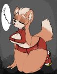  angelface anthro big_breasts breasts butt canid canine cleavage clothed clothing crossgender english_text female fox fox_mccloud hi_res kneeling mammal nintendo solo speech_bubble star_fox text thick_thighs video_games wide_hips 