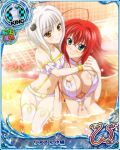  2girls ahoge armband arms_around_neck bare_shoulders bath bikini blue_eyes blush breasts card_(medium) cat_hair_ornament chess_piece covered_nipples eyebrows_visible_through_hair eyes_visible_through_hair flower frills gold_trim hair_between_eyes hair_ornament high_school_dxd holding_hand hug in_water king_(chess) large_breasts long_hair looking_at_another multiple_girls navel o-ring o-ring_bikini pink_flower pink_rose red_hair rias_gremory rose short_hair sitting smile stomach swimsuit thighhighs toujou_koneko water white_hair wristband yellow_eyes 