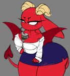 angelface bald between_breasts big_breasts bottomwear breasts clothing demon drinking female hi_res miniskirt red_body simple_background skirt solo straining_buttons thick_thighs wide_hips yagi_(angelface) 