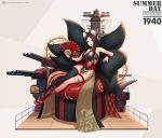  1girl animal_ear_fluff animal_ears arm_rest asymmetrical_legwear azur_lane bare_shoulders black_hair black_legwear black_swimsuit breasts character_name cleavage cleavage_cutout commentary dated detached_collar fan folding_fan forehead fox_ears fox_girl fox_tail full_body geta groin holding holding_fan jurrig kikumon kneehighs kyuubi large_breasts leaning_to_the_side long_hair looking_at_viewer multiple_tails nail_polish one-piece_swimsuit original outstretched_arm print_swimsuit railing red_legwear red_lips red_nails ribbon-trimmed_legwear ribbon_trim rope sash single_kneehigh single_thighhigh sitting smile solo swimsuit tail tassel thigh_strap thighhighs turret watermark web_address wooden_floor wrist_cuffs yellow_eyes 
