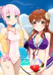  2girls ahoge ball beach beachball bikini blush breasts brown_hair chinami_ura chiyoda_momo cleavage cloud collarbone curled_horns demon_girl demon_horns demon_tail eyebrows_visible_through_hair green_eyes hair_ornament hairclip highres horns long_hair machikado_mazoku multiple_girls navel one-piece_swimsuit open_mouth pink_hair polka_dot polka_dot_bikini ponytail scrunchie shiny shiny_hair short_hair sky swimsuit tail yoshida_yuuko_(machikado_mazoku) 