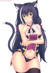  1girl animal_ear_fluff animal_ears ass_visible_through_thighs bangs bare_arms bare_shoulders black_hair black_legwear black_panties blush bow bow_panties breasts cat_ears cat_girl cat_tail commentary english_commentary eyebrows_visible_through_hair fang fast-runner-2024 finger_to_mouth green_eyes hair_between_eyes hair_bow hand_up highres index_finger_raised karyl_(princess_connect!) long_hair low_twintails medium_breasts multicolored_hair navel no_detached_sleeves no_pants panties parted_lips princess_connect! princess_connect!_re:dive purple_bow shirt simple_background sleeveless sleeveless_shirt solo streaked_hair tail tail_raised thighhighs twintails underwear very_long_hair watermark web_address white_background white_hair white_shirt 