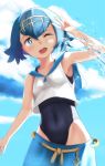  1girl ;d arm_up bangs blue_eyes blue_hair blue_pants blue_sailor_collar braco cloud collarbone commentary day eyebrows_visible_through_hair eyelashes from_below gold_hairband hairband highres one_eye_closed open_mouth pants pokemon pokemon_(game) pokemon_sm sailor_collar school_swimsuit shirt short_hair sky smile solo sparkle splashing suiren_(pokemon) swimsuit swimsuit_under_clothes trial_captain water white_shirt 