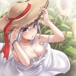  1girl absurdres blue_eyes blurry bracelet breasts cleavage depth_of_field dress frilled_dress frills hat highres holding holding_hat jewelry kantai_collection kiritto long_hair medium_breasts one_side_up silver_hair solo straw_hat sun_hat sundress suzutsuki_(kantai_collection) upper_body white_dress 