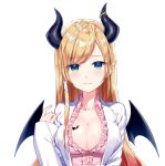  1girl bangs blonde_hair blush breasts cleavage closed_mouth coat collarbone demon_girl demon_horns demon_wings eyebrows_visible_through_hair frilled_shirt frills green_eyes hand_up hololive horns large_breasts long_hair long_sleeves looking_at_viewer masuishi_kinoto official_art open_clothes open_coat pink_shirt pointy_ears shiny shiny_hair shirt sidelocks simple_background sleeves_past_wrists smile solo swept_bangs tattoo upper_body virtual_youtuber white_background white_coat wing_collar wings yuzuki_choco 