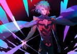  1boy armor bangs black_armor black_cape body_armor bonzon_e cape chest cleavage_cutout closed_mouth fate/grand_order fate_(series) fighting_stance gradient gradient_background highres long_sleeves male_focus medium_hair multicolored_hair odysseus_(fate/grand_order) red_hair simple_background solo streaked_hair two-tone_hair upper_body white_hair yellow_eyes 