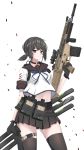  1girl absurdres adapted_costume assault_rifle black_eyes black_gloves black_hair black_sailor_collar black_skirt character_name contrapposto cowboy_shot fn_scar fubuki_(kantai_collection) gloves gun handgun highres holster kantai_collection looking_at_viewer low_ponytail pistol pleated_skirt ponytail remodel_(kantai_collection) rifle rynn_(user_rkgs8583) sailor_collar school_uniform serafuku short_ponytail sidelocks simple_background skirt solo stanag_magazine standing thighhighs vertical_foregrip weapon weapon_request white_background 