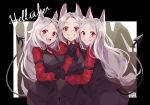  3girls :d animal_ears black_gloves black_jacket blush breasts cerberus_(helltaker) clenched_teeth commentary_request copyright_name demon_girl demon_tail dog_ears dog_girl eyebrows_visible_through_hair gloves helltaker highres holding_hands interlocked_fingers jacket long_hair looking_at_viewer medium_breasts multiple_girls open_mouth piyoyanagi red_eyes red_shirt shirt smile tail teeth white_hair 