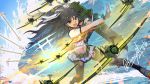  1girl aircraft airplane armor arrow_(projectile) asymmetrical_gloves black_hair black_legwear blue_eyes blue_sky blush cloud commentary_request day fingerless_gloves flight_deck fundoshi furisode gloves hair_between_eyes hair_ornament hair_ribbon highres japanese_clothes kantai_collection katsuragi_(kantai_collection) kimono long_hair looking_at_viewer midriff navel ocean open_mouth outdoors pleated_skirt ponytail remodel_(kantai_collection) ribbon shinmai_(kyata) skirt sky thighhighs turret white_ribbon 
