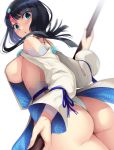  1girl ass back bangs black_hair blue_eyes blue_ribbon blush breasts dress fate/requiem fate_(series) fundoshi highleg highres japanese_clothes large_breasts long_sleeves looking_at_viewer looking_back magatama medium_hair multicolored_hair nakano_sora open_mouth pink_hair polearm puffy_long_sleeves puffy_sleeves ribbon short_dress sideboob sidelocks simple_background spear streaked_hair utsumi_erise weapon white_background white_dress 