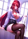  1girl absurdres ahoge been belt belt_buckle black_belt black_legwear black_skirt blurry blurry_background blush breasts buckle cleavage closed_mouth collared_shirt crossed_legs dutch_angle elesis_(elsword) elsword high-waist_skirt highres holding indoors large_breasts long_hair looking_at_viewer medium_breasts miniskirt nipples open_clothes open_shirt orange_eyes pencil_skirt red_hair shiny shiny_hair shiny_legwear shiny_skin shirt sitting skirt smile solo thighhighs very_long_hair white_shirt wing_collar zettai_ryouiki 