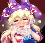  1girl ahegao american_flag_dress blonde_hair blush bukkake clownpiece cum cum_in_mouth facial fairy_wings fuurisuto hair_between_eyes hat heart jester_cap long_hair looking_at_viewer neck_ruff open_mouth polka_dot purple_headwear red_background red_eyes short_sleeves simple_background solo star_(symbol) star_print striped tears tongue tongue_out touhou transparent_wings upper_body wings 
