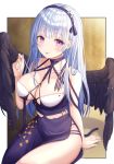  1girl azur_lane bare_shoulders between_breasts black_wings blush breasts cleavage collarbone criss-cross_halter dido_(anxious_bisque_doll)_(azur_lane) dido_(azur_lane) disembodied_hands dress eyebrows_visible_through_hair feathered_wings flower funii hairband halterneck headband large_breasts long_dress long_hair looking_at_viewer purple_dress purple_eyes purple_headband silver_hair smile solo thighs tongue tongue_out white_flower wings 