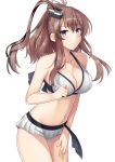  1girl alternate_costume bikini blue_eyes blush breasts brown_hair hair_between_eyes hair_ornament highres kantai_collection large_breasts long_hair looking_at_viewer navel ponytail saratoga_(kantai_collection) side_ponytail sidelocks simple_background smile smokestack smokestack_hair_ornament solo swimsuit white_background white_bikini yamato_(083) 