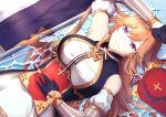  1girl azur_lane bare_shoulders black_gloves book breasts cleavage detached_sleeves dress eyebrows_visible_through_hair fleur_de_lis french_flag gloves hair_between_eyes half_gloves highres juliet_sleeves kang_jian large_breasts long_hair long_sleeves looking_at_viewer lying_on_water maltese_cross orange_hair pink_eyes puffy_sleeves richelieu_(azur_lane) water white_dress 