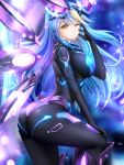  1girl ahoge ass blue_hair blush bodysuit breasts cosplay gigamessy large_breasts long_hair looking_at_viewer neptune_(series) next_purple next_purple_(cosplay) one_eye_closed original purple_heart shin_jigen_game_neptune_vii smile solo very_long_hair yellow_eyes 