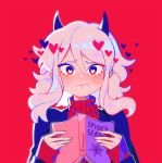  1girl bangs blush book commentary demon_girl ear_blush embarrassed english_commentary hair_between_eyes heart heart-shaped_pupils helltaker highres holding holding_book horns long_sleeves looking_at_viewer medium_hair modeus_(helltaker) open_book red_background red_sweater ribbed_sweater savi_(byakushimc) simple_background sleeves_past_wrists solo sweater symbol-shaped_pupils turtleneck turtleneck_sweater upper_body wavy_hair white_hair 