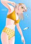  1girl absurdres antenna_hair bangs bikini bird breasts cleavage english_text eyebrows_visible_through_hair gingham green_eyes grey_hair hairband highres kantai_collection kinugasa_(kantai_collection) long_hair medium_breasts navel ojipon seagull sky solo swimsuit v yellow_bikini yellow_hairband 