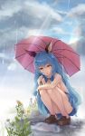  1girl animal_ears arm_on_knee ass bare_legs bare_shoulders bell_(angelicalary) blue_hair breasts curly_hair day dress erune ferry_(granblue_fantasy) flower full_body granblue_fantasy hair_between_eyes holding holding_umbrella legs long_hair open_mouth outdoors panties pleated_dress puddle rain reflection sideboob sleeveless sleeveless_dress solo squatting thighs umbrella underwear upskirt very_long_hair water wet white_panties yellow_eyes 