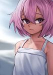  1girl blue_background blurry blurry_background bob_cut closed_mouth depth_of_field dress hair_between_eyes looking_to_the_side original pink_hair purple_eyes revision short_hair solo sundress upper_body white_dress zakusi 