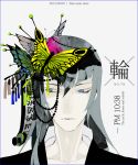  1boy abstract alternate_costume blue_eyes bug butterfly dated grey_hair hair_ornament insect kousetsu_samonji long_hair male_focus mzet pale_skin portrait scroll shadow solo touken_ranbu 