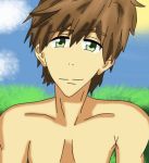  1boy bare_chest brown_hair face free! green_eyes headshot lowres male_focus muscle outdoors smile sunlight tachibana_makoto 
