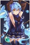  1girl animal_ears arm_behind_head armpits arms_up blue_cape blue_dress blue_hair boots breasts cape curly_hair dootmoon dress elbow_gloves erune ferry_(granblue_fantasy) frown ghost gloves granblue_fantasy hair_between_eyes hair_ornament hairclip highres holding_whip layered_dress long_hair looking_at_viewer medium_breasts sleeveless sleeveless_dress thigh_boots thighhighs very_long_hair whip x_hair_ornament yellow_eyes 