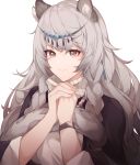  1girl absurdres animal_ear_fluff animal_ears arknights black_cloak braid breasts circlet cloak closed_mouth commentary eyebrows_visible_through_hair eyelashes hair_between_eyes hands_together highres jewelry leopard_ears leopard_tail long_hair looking_at_viewer medium_breasts pramanix_(arknights) ribbed_sweater saibe side_braids silver_eyes silver_hair simple_background single_earring smile solo spotted_fur sweater tail tassel_earrings turtleneck turtleneck_sweater twin_braids upper_body white_background white_sweater wristband 