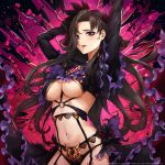  1girl arms_behind_head black_hair black_panties breasts commentary_request eyelashes garter_belt highres long_hair looking_at_viewer navel open_mouth overhit panties purple_eyes sakiyamama solo underwear 