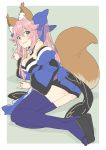  1girl absurdres animal_ear_fluff animal_ears bare_shoulders blue_bow blue_kimono border bow breasts clea clog_sandals closed_mouth detached_sleeves donguri_suzume double_fox_shadow_puppet fate/extra fate_(series) fox_ears fox_shadow_puppet fox_tail from_behind green_background hair_bow highres japanese_clothes kimono large_breasts long_sleeves looking_at_viewer looking_back pink_hair purple_legwear simple_background sitting smile solo tail tamamo_(fate)_(all) tamamo_no_mae_(fate) thighhighs twintails white_background white_border yellow_eyes yokozuwari 