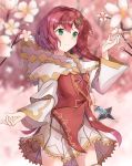  1girl absurdres cherry_blossoms flower green_eyes highres jewelry locket n2_(yf33) pendant petals pink_theme red_hair sdorica_-sunset- short_hair solo tica 